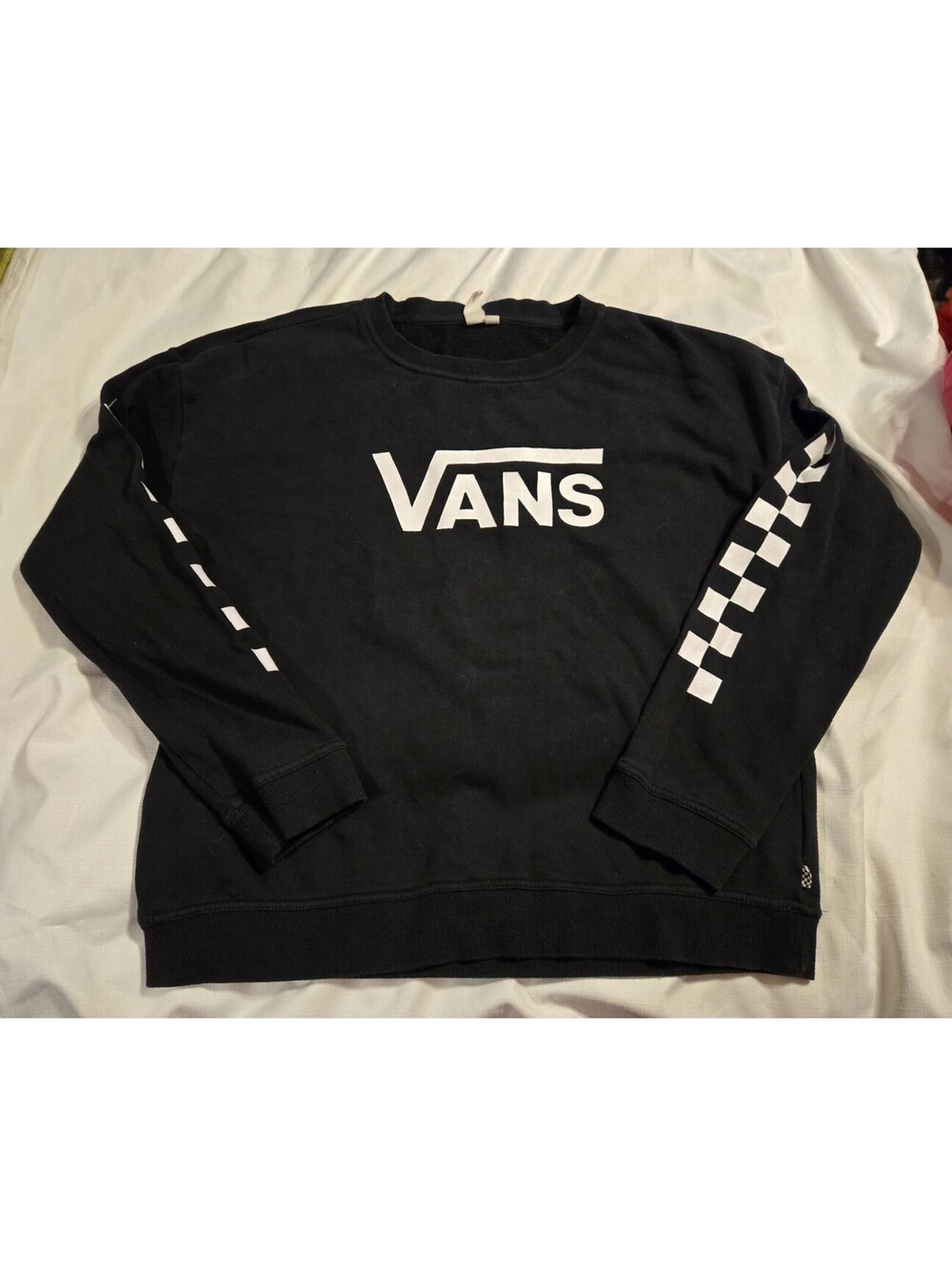 Vans Big Fun Black Crewneck Sweatshirt Womens Sz XL Checkerboard Sleeve Fleece